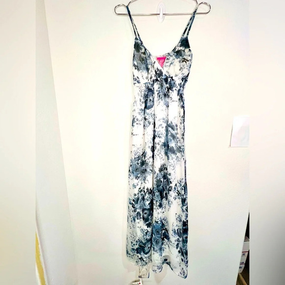 She’s Cool Blue & Grey Floral Pattern with White Adjustable Strap Maxi Dress - Picture 3 of 9